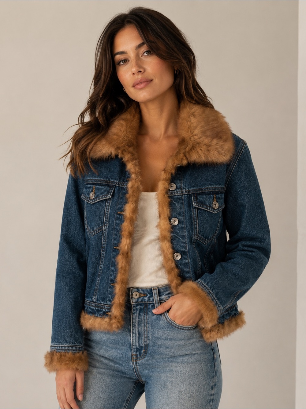 Ferrara Faux Fur Collar Denim Jean Jacket 90s Y2K